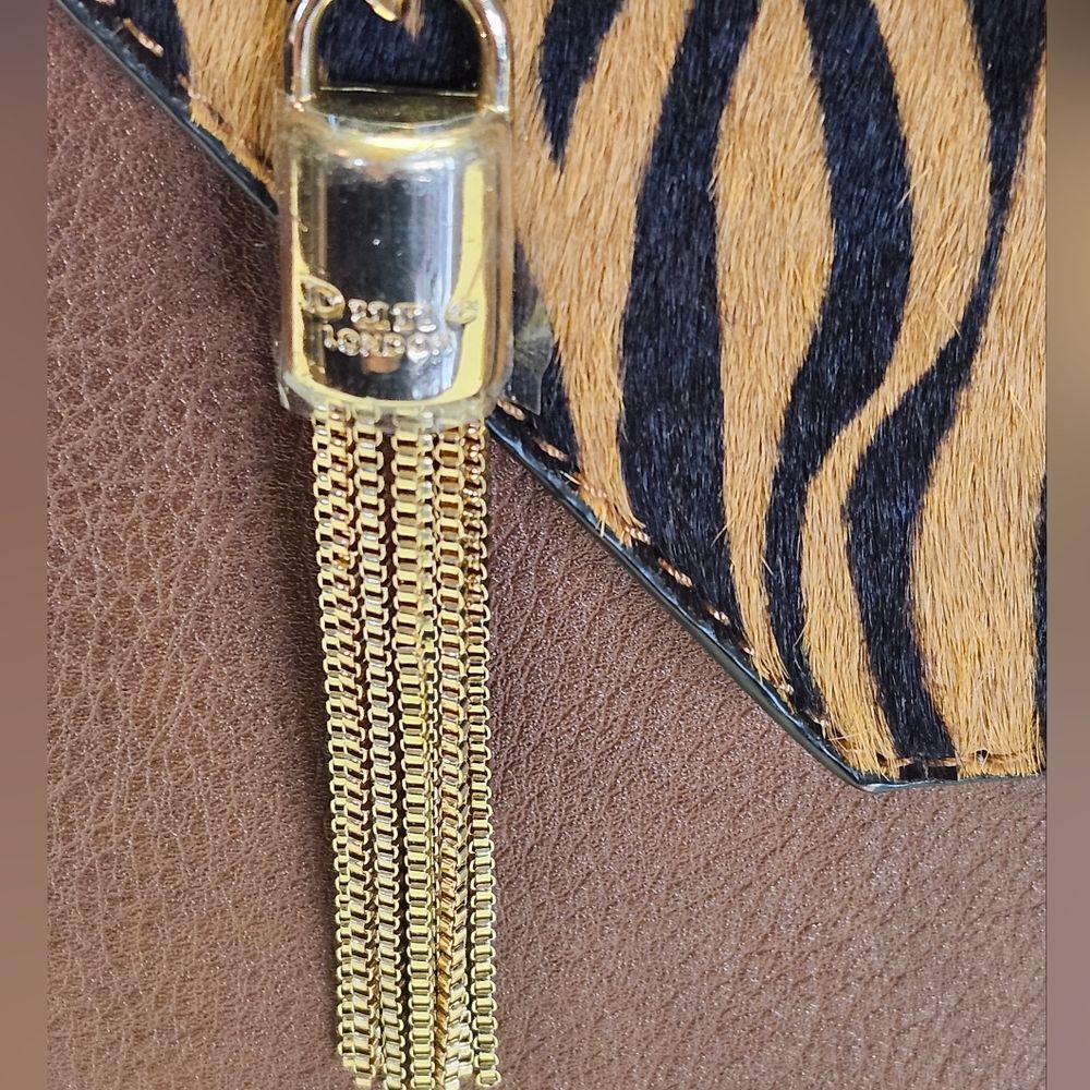 Dune London Genuine Leather & Calf Hair Handbag W Gold Accents, 9"x9"x4.5" - Picture 7 of 10